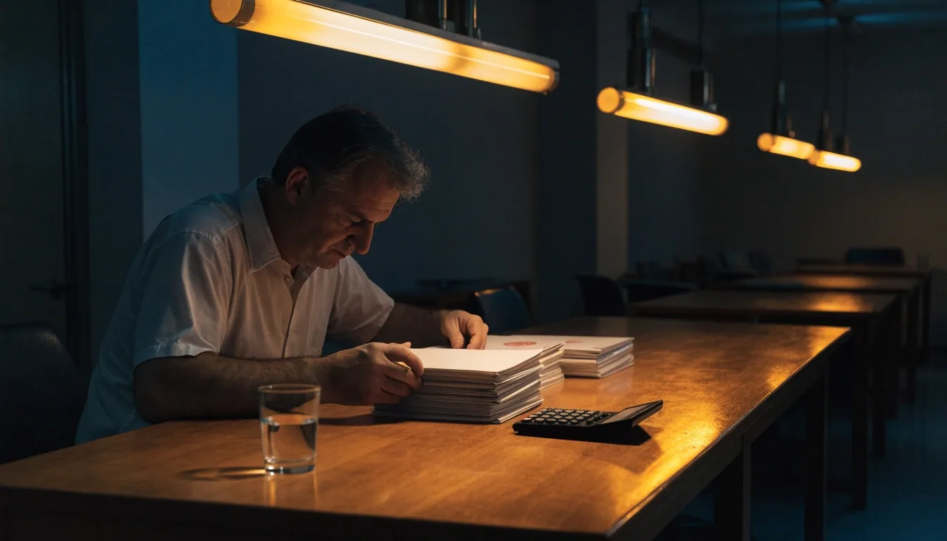 Borde de una libreta rayada junto a una pluma sobre una mesa de noche iluminada por una lámpara cálida