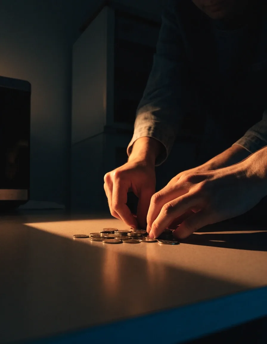 Dos manos contando monedas sobre una mesa de cocina bajo una lámpara