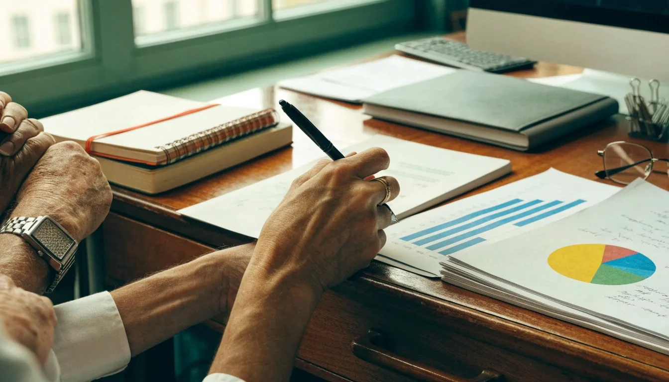 Página de un cuaderno de cuentas sobre un escritorio oscuro, iluminada por una lámpara de mesa