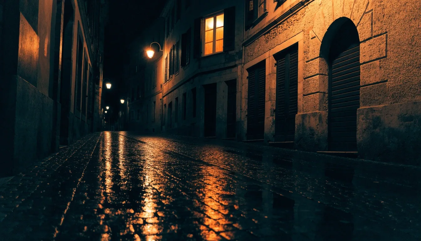 Calle residencial española de noche bajo la lluvia, farolas de sodio y una ventana encendida