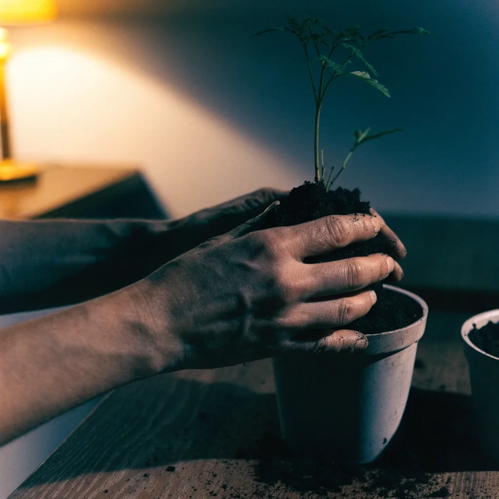 Raíces y tierra de una planta en una repisa junto a una ventana de noche