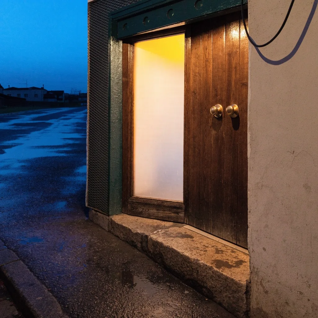 Calle residencial de A Coruña de noche tras la lluvia, con farolas de sodio reflejadas en el pavimento y una única ventana encendida
