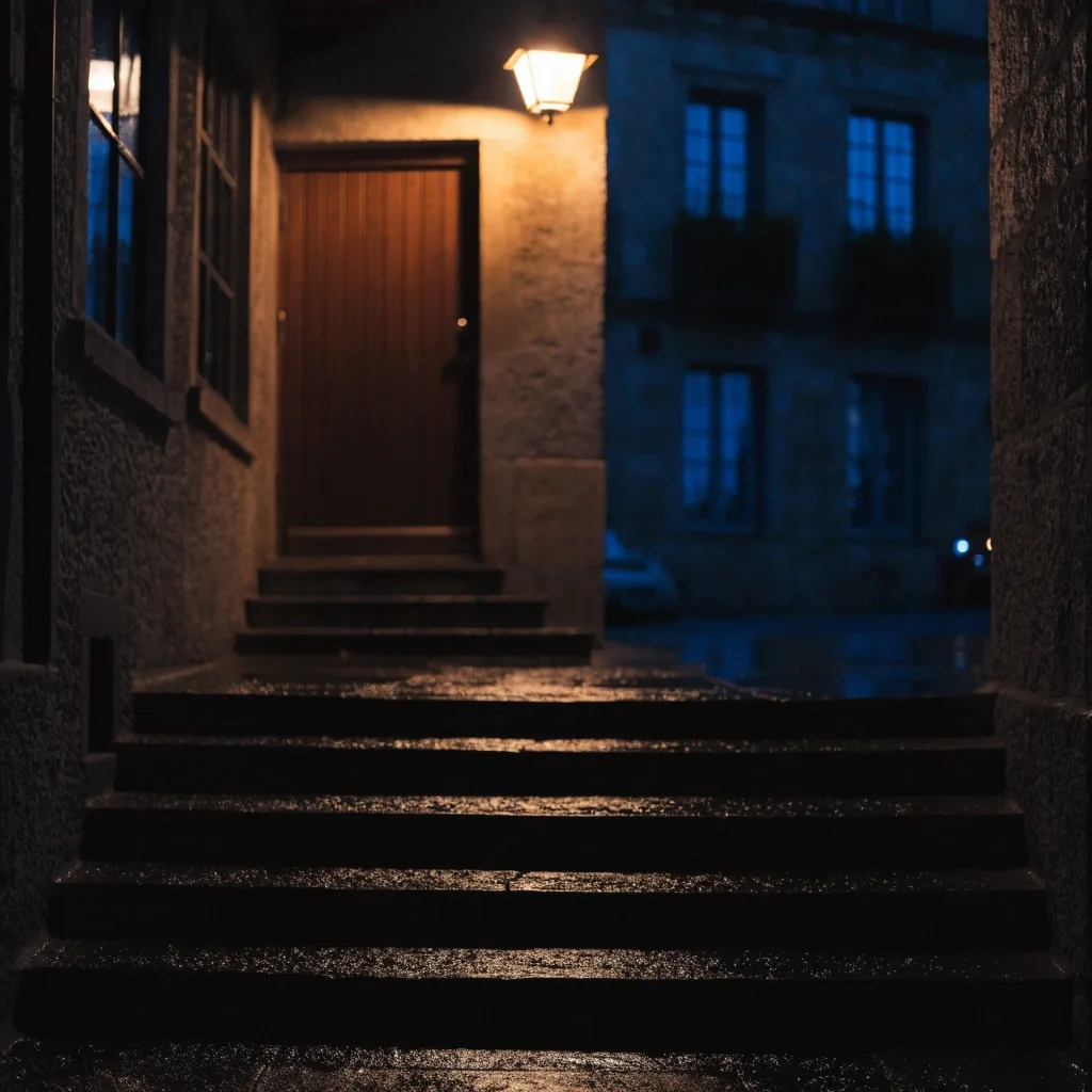 Calle residencial mojada por la lluvia de noche, con farolas de sodio alejándose y una ventana encendida