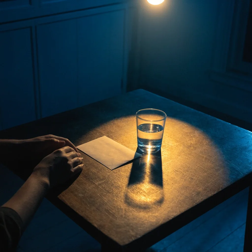 Dos manos sobre una mesa de cocina junto a un sobre cerrado bajo la luz cálida de una lámpara