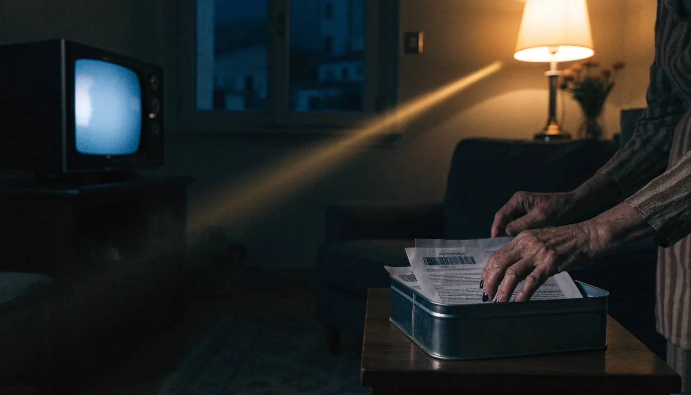 Mesa de trabajo editorial de noche con documentos y libretas de anotaciones bajo la luz cálida de una lámpara