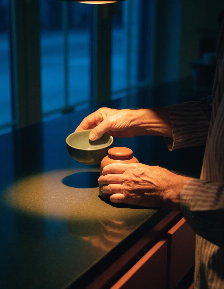 Primer plano nocturno de una taza de cerámica con borde concéntrico capturando un reflejo ámbar de lámpara sobre una mesa oscura