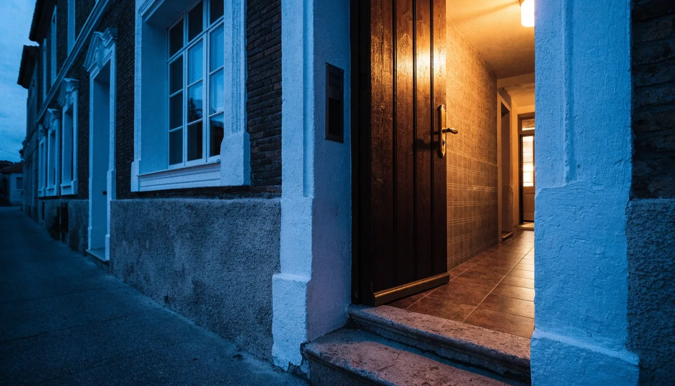 Fachada de un edificio residencial al anochecer en España, con una ventana de cocina iluminada